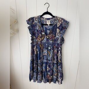KNOX ROSE Blue Paisley Boho Flutter Short Sleeve Tiered Dress Small Tie Neck